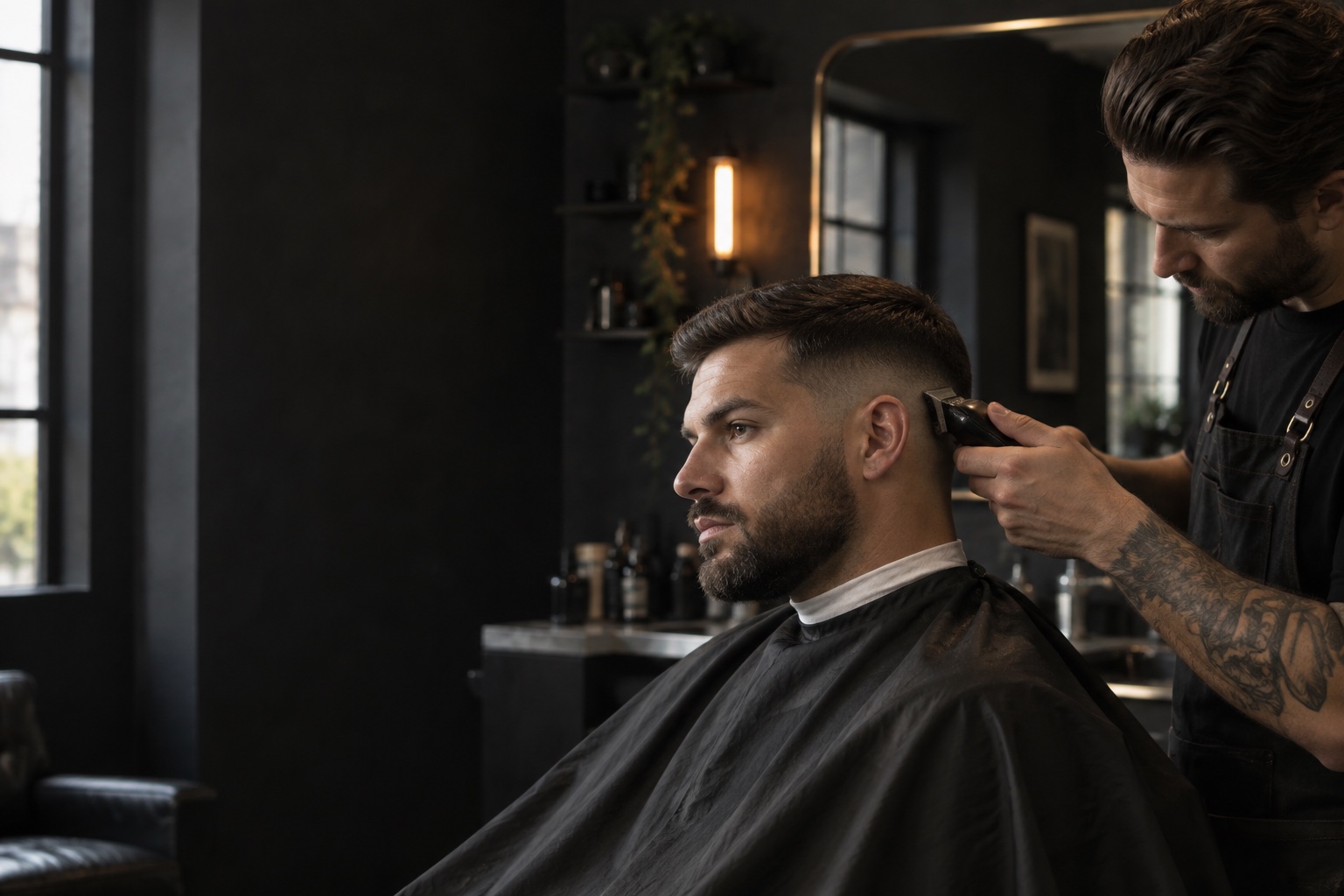 Barber finishing a precise fade in a dark contemporary studio